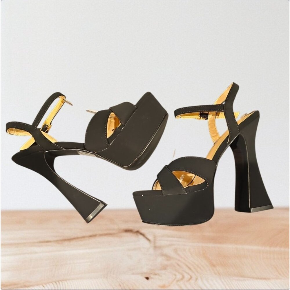 Black Platform High Heel Sandals With Ankle Strap - Picture 5 of 8